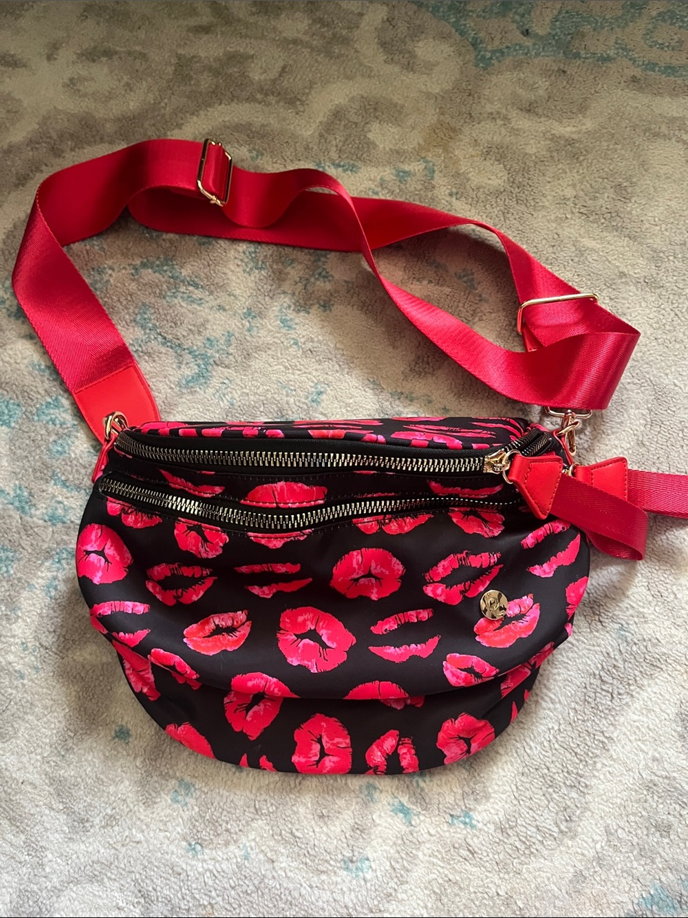 Bum Bag with Hot Pink Lip Print and red strap can hold gallon of milk